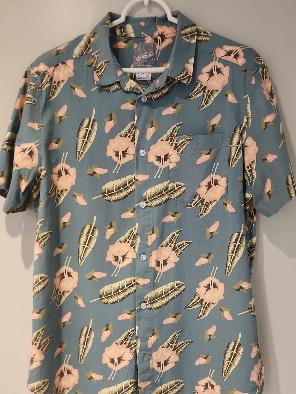 RVCA Teal Floral Camp Shirt with Pink Blooms